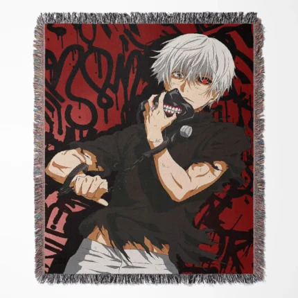 Tokyo Ghoul woven tapestry throw blanket, dark and edgy wall art, perfect for fans of Tokyo Ghoul looking to add an intense collectible to their home decor.