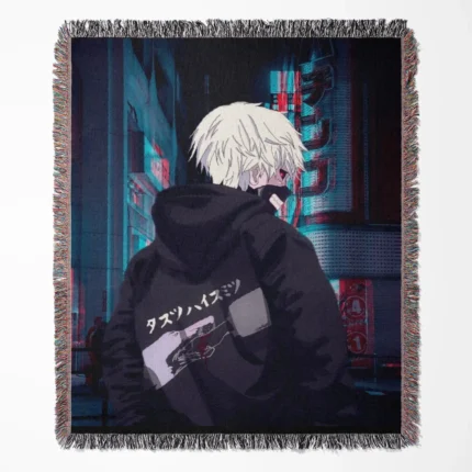 Tokyo Ghoul woven tapestry throw blanket, iconic wall art and room decor, perfect gift for fans of the dark and thrilling Tokyo Ghoul anime series.