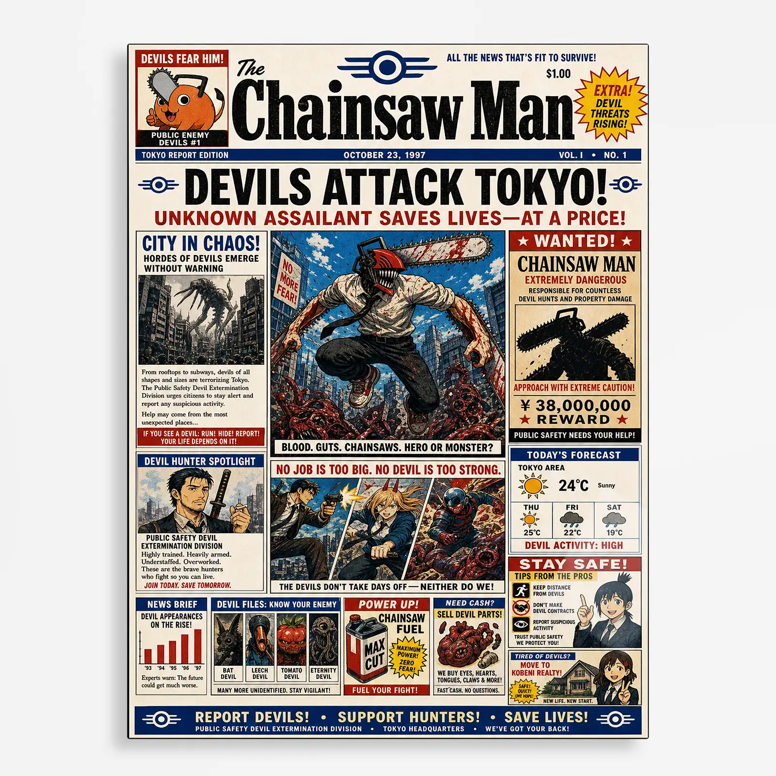 anime metal poster (51) s1 Chainsaw Newspaper Metal Poster Wall
Decor - Image 1